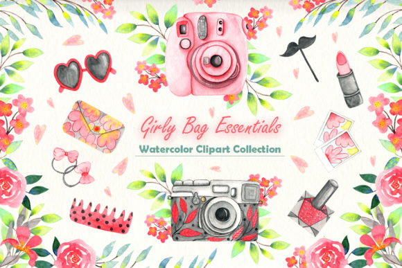 Girly Bag Essentials Watercolor Collection and Illustrations
