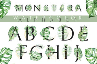 Monstera Watercolor Black Alphabet Illustrations