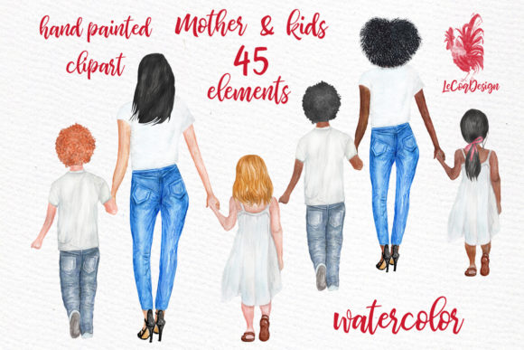 Mother and Children Watercolor Clipart for Branding & Illustrations