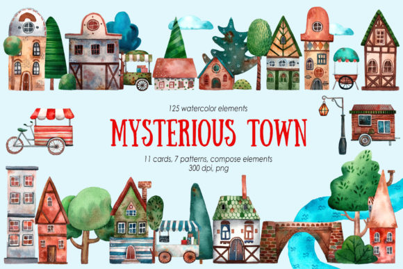 Mysterious Town Watercolor Clip Art: A Versatile Illustration for Creative Branding