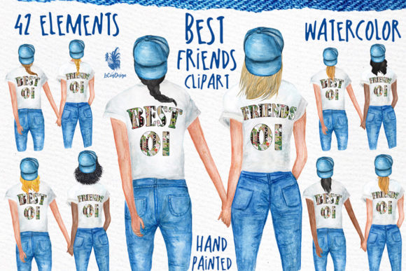 Watercolor Girls Best Friends Clipart and Illustrations