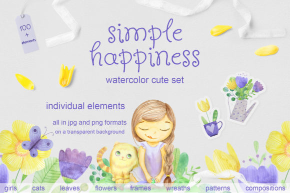 Watercolor Illustrations: Flowers, Leaves, Cat and Girl for Creative Publishing