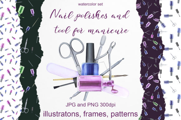 Watercolor Set of Nail Polish and Tools Illustrations