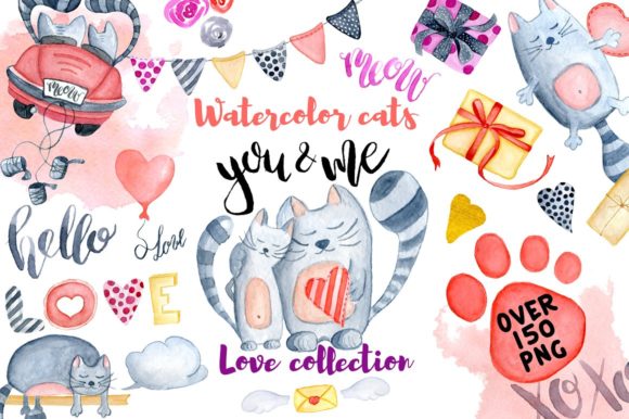 Watercolor Valentines Day Cats Illustrations
